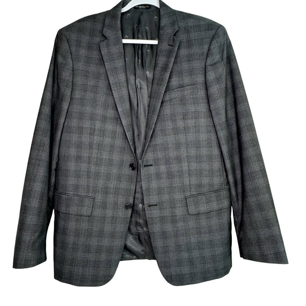 John Varvatos 42R Wool Suit Jacket Blazer Gray Windowpane Plaid Career FLAW
